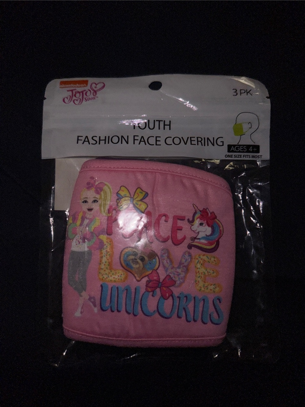 JoJo Siwa Youth Face Masks 3-Pack – “Peace Love Unicorns” – New